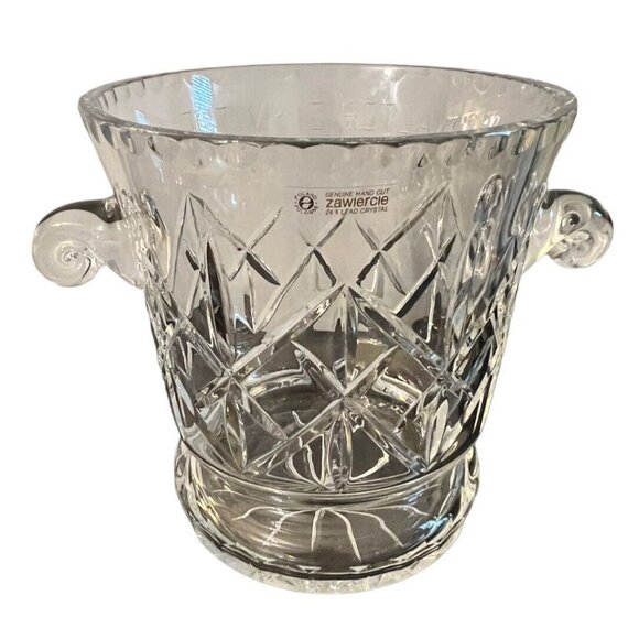 Genuine Hand Cut Zawiecie 24%  Lead Clear Crystal Ice Bucket With Handle Poland - Picture 3 of 8